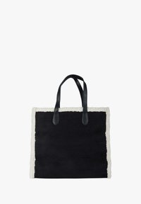 Borsa tote in camoscio nero con manici in pelle nera, caratterizzata da una rifinitura in pile color crema lungo il bordo superiore e i lati.