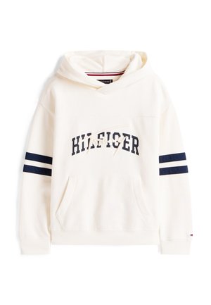 Cremfarbener Pullover-Hoodie mit Kängurutasche auf der Vorderseite, marineblauen Streifen an den Ärmeln und "HILFIGER"-Logo in Marineblau auf der Brust. Weicher Baumwollmischstoff.