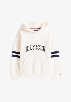 Felpa con cappuccio color crema dotata di tasca a marsupio frontale, strisce blu sulle maniche e logo "HILFIGER" in blu sul petto. Tessuto morbido in misto cotone.