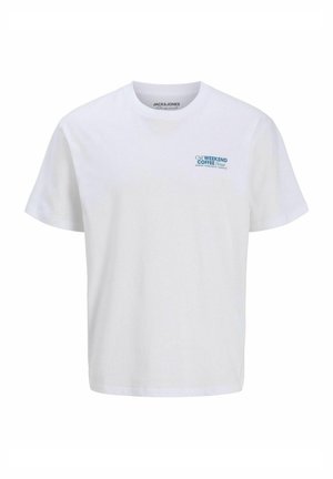 White cotton T-shirt with short sleeves, featuring a blue printed logo: "Chill WEEKEND COFFEE House" on the left chest area.