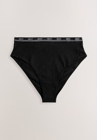 Zwarte katoenen slips met een brede elastische tailleband waarop "NEXT" herhaald staat in het wit, een gladde textuur en een ontwerp met volledige bedekking.
