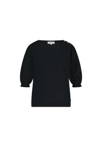 Zwarte pullover met een brede bootlegging halslijn, poffige mouwen, geribbelde manchetten en een textuuraccent van drie goudkleurige knopen op de linkerschouder.