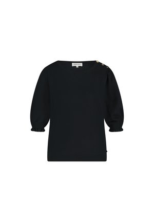 Zwarte pullover met een brede bootlegging halslijn, poffige mouwen, geribbelde manchetten en een textuuraccent van drie goudkleurige knopen op de linkerschouder.