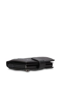 Portafoglio nero in pelle testurizzata, con design a pieghevole, una chiusura con cinturino sicura e scomparti per carte e contanti.