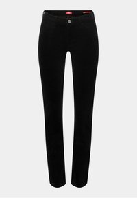 Jean en denim noir avec une coupe slim, un design à jambe droite, une fermeture à boutons sur le devant, et un style classique à cinq poches. Texture lisse sans motifs.