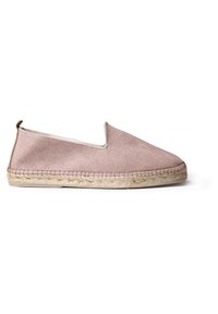 Roze canvas instappers met een ronde neus, jute touwzool en een klein bruin leren tabje bij de hak. Glad textuur, casual ontwerp.