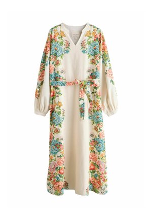 Langes cremefarbenes Kleid mit bunten Blumenmustern, langen Ärmeln mit elastischen Bündchen, V-Ausschnitt und passendem Gürtel, der in der Taille gebunden ist.