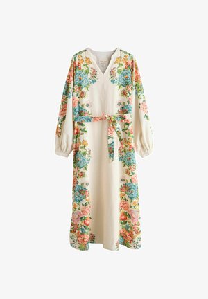 Langes cremefarbenes Kleid mit bunten Blumenmustern, langen Ärmeln mit elastischen Bündchen, V-Ausschnitt und passendem Gürtel, der in der Taille gebunden ist.