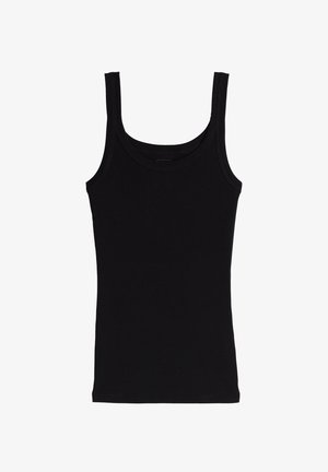 Schwarzes geripptes Tanktop mit dünnen Trägern, das über einen runden Ausschnitt und eine taillierte Form für eine enganliegende Silhouette verfügt.