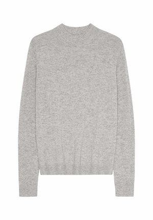 Ljusgrå stickad tröja med rundad halsringning, långa ärmar och ribbad nederkant. Mjuk textur, enkel design utan mönster eller detaljer.