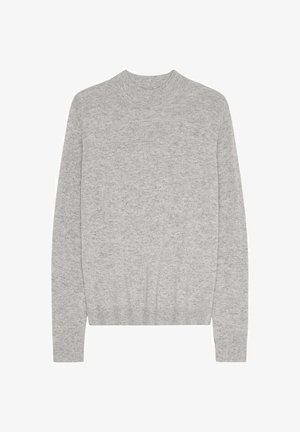 Svetle šedý pletený svetr s kulatým výstřihem, dlouhými rukávy a žebrovaným lemem. Měkká textura, jednoduchý design bez vzorů nebo akcentů.