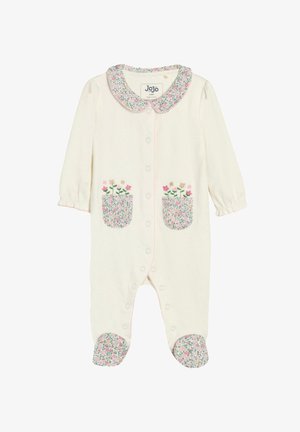 Body para bebé color crema con mangas largas, botones de presión, cuello floral, bolsillos florales a juego con bordado de flores y cubiertas florales para los pies.
