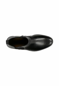 Černá kožená kotníková bota s hladkým povrchem, elastickými bočními panely a zaoblenou špičkou. Obsahuje zadní poutko a decentní švy.