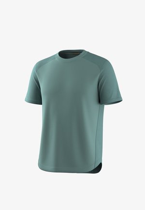 Sportief T-shirt met korte mouwen in teal, met gestructureerde stof op de mouwen en schouders, ronde hals en een licht afgeronde zoom aan de achterkant.