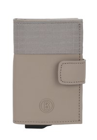 Beige syntetická peněženka s texturovaným šedým textilním povrchem, zaklapávacím uzávěrem a vypuštěným obdélníkovým logem na dolní části přední strany.