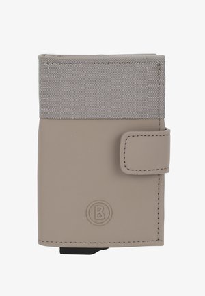 Beige synthetische portemonnee met een gestructureerde grijze stof bovenkant, een drukknoopsluiting en een ronde logo dat op de onderzijde van de voorkant is geboetseerd.