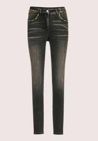 Zwarte jeans met een slim fit, voorzien van een gladde denimtextuur, decoratieve studs op de voorzakken en standaard riemlussen.