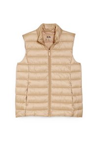 Beżowa puchowa kamizelka wykonana z lekkiego materiału, z zamkiem z przodu, wysokim kołnierzem oraz poziomym pikowaniem w całej powierzchni.