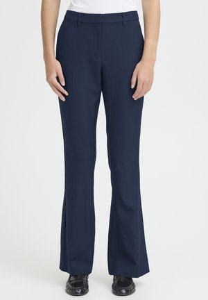 Navy blue dress pants with a straight fit, waistband detail, and smooth fabric texture. Features side pockets and a slight flare at the hem.