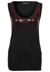 Black tank top made of soft fabric featuring a round neckline and a sequin embellishment in a gradient design at the chest.