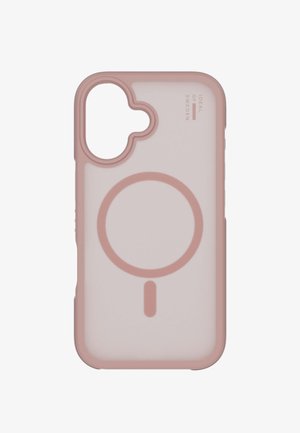 Lyserød og gennemsigtig smartphone etui med cirkulær MagSafe-ring og kameraklip, mærket "Ideal of Sweden" i øverste højre hjørne.