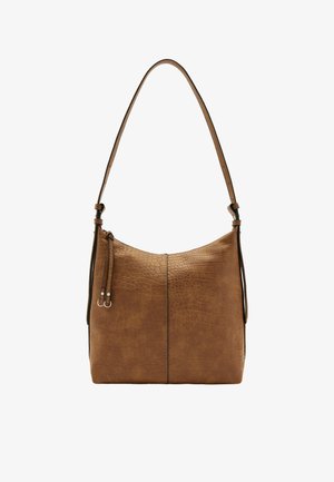 Brązowa skórzana torebka o fakturze krokodyla, z regulowanym paskiem i dwoma małymi metalowymi kółkami przytwierdzonymi do skórzanego uchwytu suwaka.