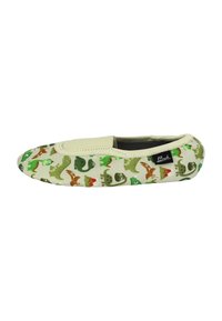 Groene en crèmekleurige pantoffel met een dinosaurussenpatroon. Zacht materiaal, ronde vorm, elastische band rondom de opening voor gemakkelijk aan- en uittrekken.