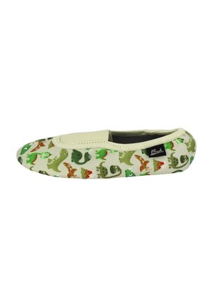 Grüne und cremefarbene Hausschuhe mit Dinosaurier-Muster. Weicher Stoff, abgerundete Form, elastisches Band um den Einstieg für ein einfaches Anziehen.