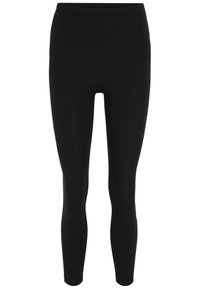 Svarta leggings med hög midja, tillverkade av ett mjukt och stretchigt tyg för komfort och flexibilitet. Inga mönster eller synlig hårdvara.