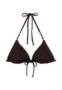 Czarny trójkątny top bikini z wiązaniem na szyję i pod biustem, z małymi złotymi koralikami na ramiączkach i wiązaniach.