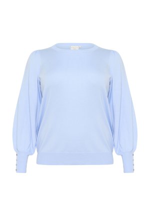 Ljusblått stickat tröja med rund halsringning, puffärmar och dekorativa knappar vid ärmsluten. Mjuk textur, avslappnad design.