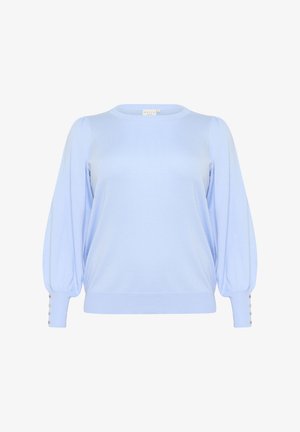 Lyseblå strikket sweater med rund halsudskæring, puffede ærmer og dekorative knapdetaljer ved manchetterne. Blød tekstur, afslappet design.