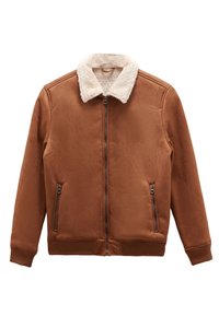 Brown faux suede jacket with a beige shearling collar, zippered front, and two side pockets. Ribbed cuffs and hem. Soft texture.