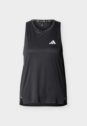 Débardeur de course Adidas noir sans manches avec logo blanc sur la poitrine, panneaux en mesh sur les côtés, et inscription "RUNNING" sur la bande intérieure du col.