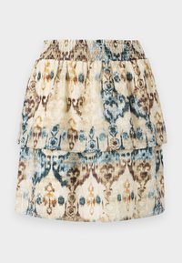 Jupe beige avec motif abstrait bleu et marron, taille élastique et design à couches superposées.