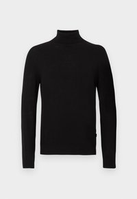 Pull à col roulé noir en maille lisse ; présente des manches longues et une silhouette ajustée avec des accents côtelés au niveau du col et des poignets.