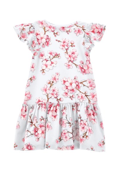 Abito floreale con fiori rosa su uno sfondo bianco, maniche corte arricciate e gonna arricciata con design a strati.