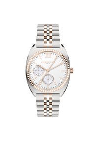 Silberne und roségoldfarbene Edelstahl-Uhr mit einem weißen Zifferblatt, römischen Ziffern bei 12 Uhr und zwei Hilfszifferblättern. Sie verfügt über ein poliertes, verknüpftes Armband.