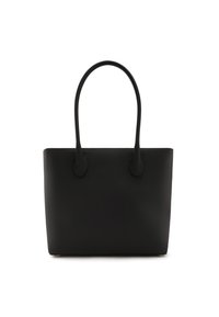 Schwarze Leder-Tote-Tasche mit glatter Textur, zwei verlängerten Griffen, kastenförmiger Form und ohne sichtbare Hardware oder Muster.