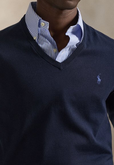 Uomo che indossa un maglione blu navy a V sopra una camicia a righe blu e bianca con bottoni, il maglione ha un piccolo logo ricamato sul petto sinistro.