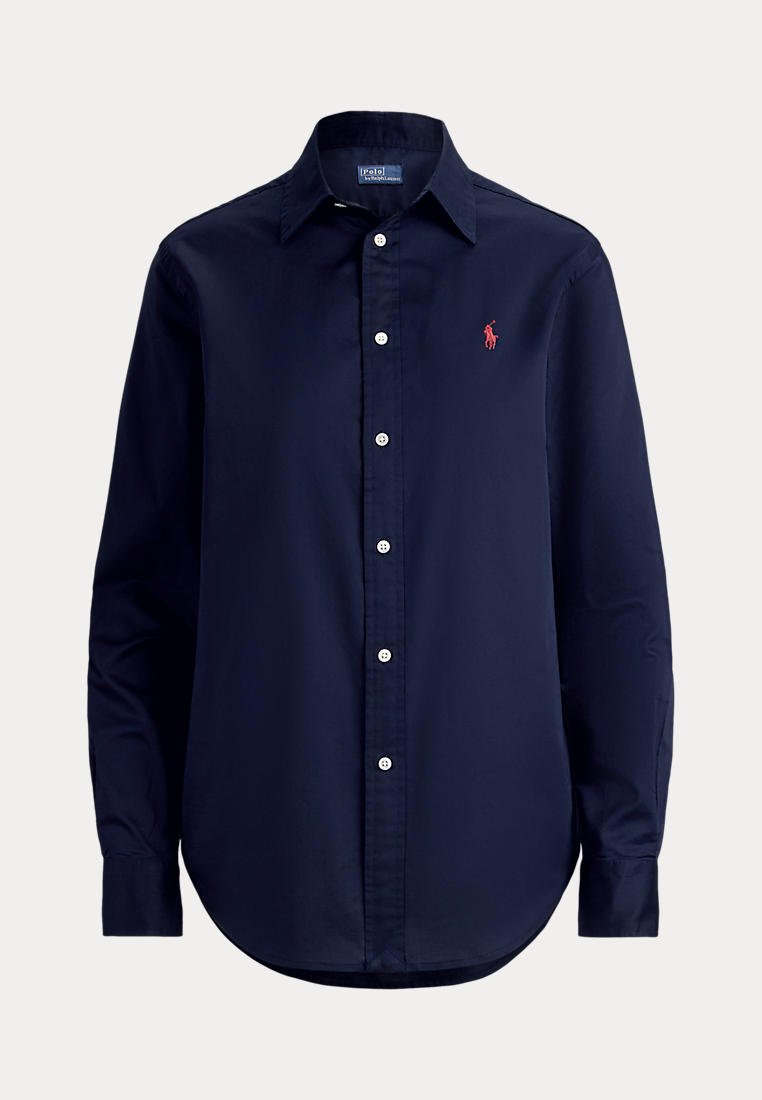 Navy blue long-sleeve button-up shirt with collar and red embroidered logo on the left chest.