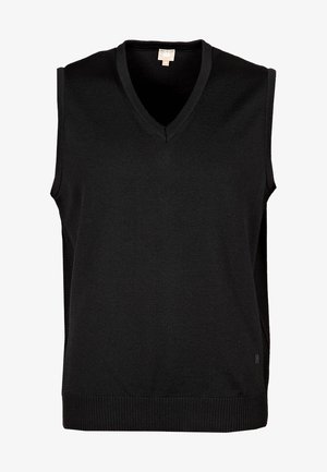 Musta hihaton neulepaita, jossa on syvä V-pääntie, ribatut reunat ja helmassa, ja joka esittelee sileän pinnan sekä minimalistisen muotoilun.