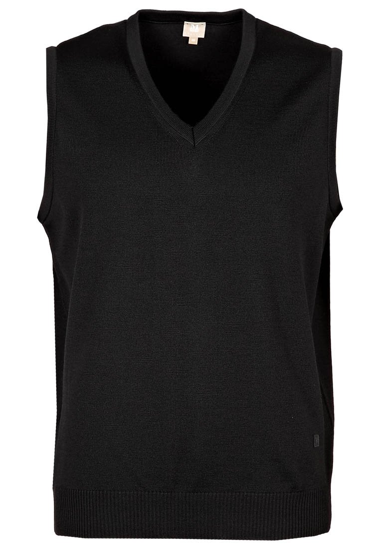 Maglione senza maniche nero in maglia con scollatura a V profonda, scollatura e orlo a coste, caratterizzato da una texture liscia e un design minimalista.