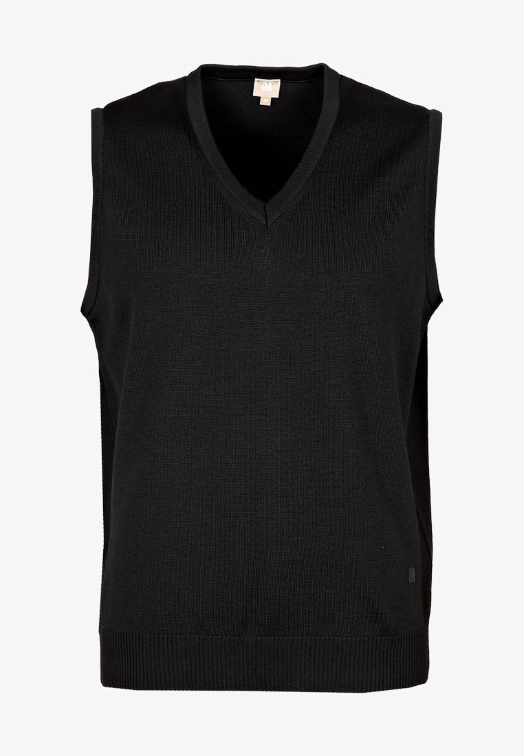 Maglione senza maniche nero in maglia con scollatura a V profonda, scollatura e orlo a coste, caratterizzato da una texture liscia e un design minimalista.