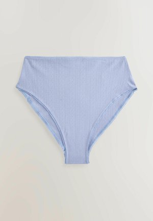 Hele sinine kõrge vöökoht bikini aluspüksid, millel on sooneline tekstuur, dekoratiivne õmblus vöökoht ja mõõdukas katte lõige.