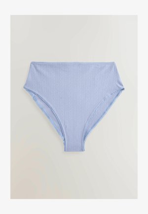 Šviesiai mėlynos spalvos aukštu liemeniu bikinio kelnaitės su briaunotu tekstūru, dekoratyvinėmis siūlėmis aplink liemenį ir vidutinio dengimo kirpimu.