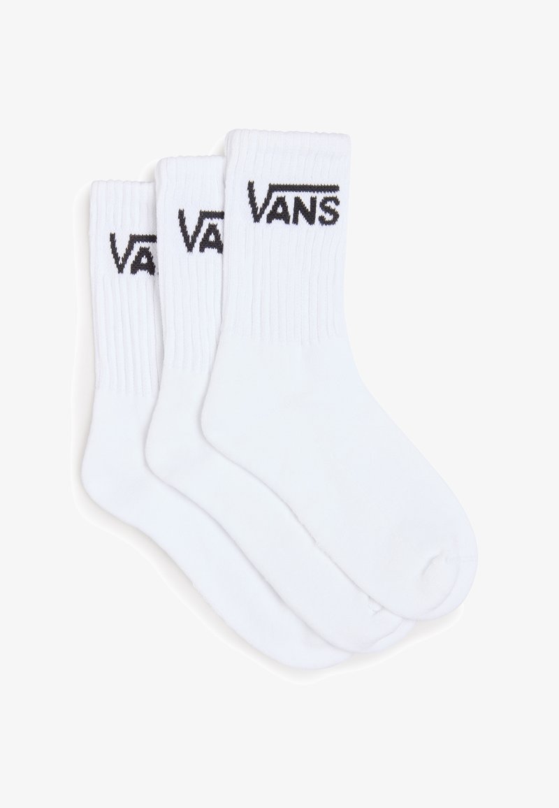 Vita bomull crew-sockor med ribbade muddar och svart broderad "VANS"-logotyp på varje socka. Paketet inkluderar tre par.