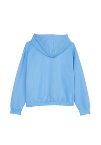Felpa blu con cappuccio, dal collo curvo, orlo elasticizzato e maniche lunghe. Realizzata in tessuto morbido con una superficie liscia.