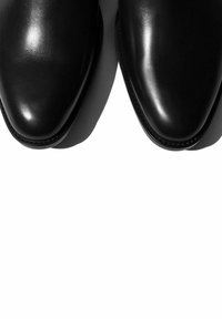 Zapatos de cuero negros con un acabado pulido, forma de punta afilada y detalles de costura mínimos a lo largo de los bordes, sobre un fondo blanco.
