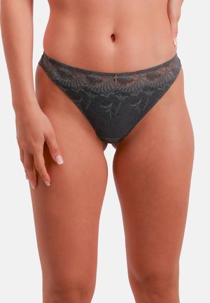 Blonde hipster-underbukser i mørkegrå med blomsterprint, med en semigennemsigtig taljebånd og en lille dekorativ detalje i midten.